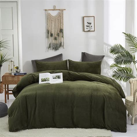 Houseri Velvet Olive Green Comforter Set King Fluffy Army Green Bedding ...