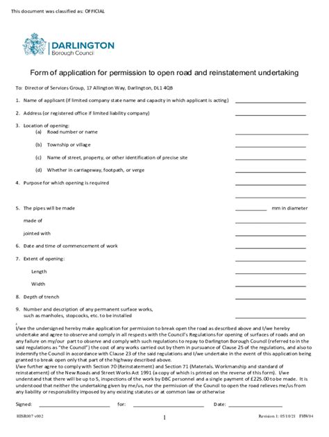 Fillable Online Form of application for permission to open road and ...