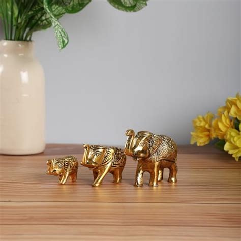 CraftVatika Set of 3 Metal Trunk Up Elephant Family Statue Showpiece ...