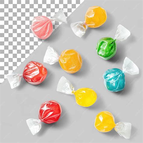 Colorful hard candies in transparent cellophane wrapping isolated on ...