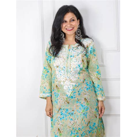 Mint Green Floral Printed Cotton Chikankari Kurti – Desisandook ...