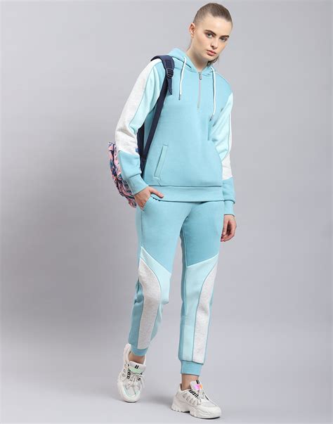 Buy Women Turquoise Blue Solid Hooded Full Sleeve Tracksuit Online in ...