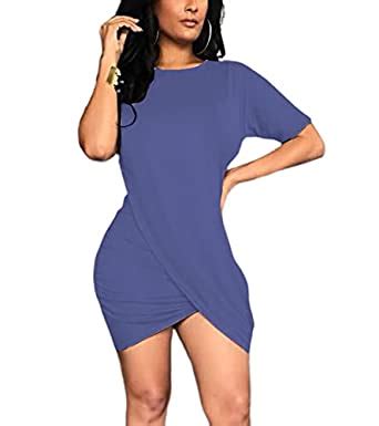 Buy Ophestin Women's Short Sleeve Wrap Mini Dress Solid Color Summer ...