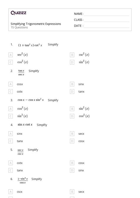 50+ trigonometric ratios sin cos tan csc sec and cot worksheets for ...
