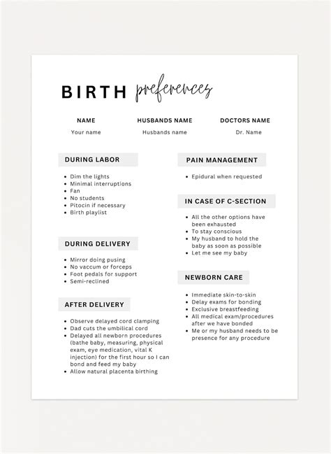 Editable Birth Plan, Birth Plan Template, Canva Template, Simple Printable Birthing Plan, Labor ...