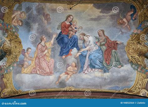 Virgin Mary with the Baby Jesus Surrounded by Saints and Angels Stock ...