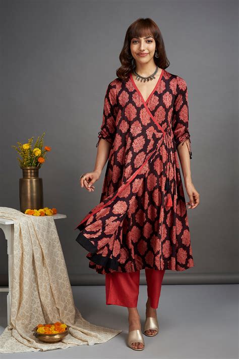 modal silk angrakha kurta - french beret & scarlet begonia - maati crafts