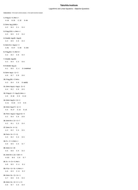 Mathematics (log & linear eqns) Objective Questions 250516 173659 - Studocu