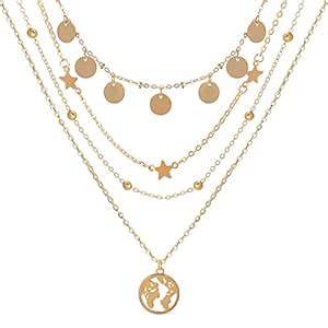 Peora Gold Plating Moon Star Necklace for Women Teens Trendy Multilayer ...