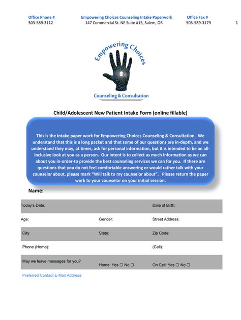 Fillable Online Empowering Choices Counseling Intake Paperwork Fax ...