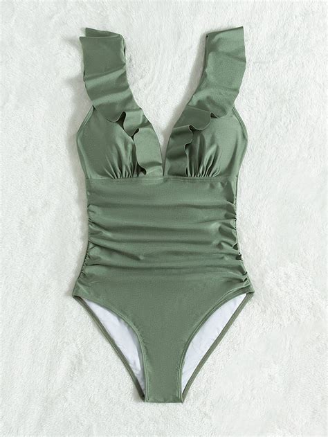 Solid Ruched Ruffle Trim One Piece Swimsuit | Green one piece swimsuit ...