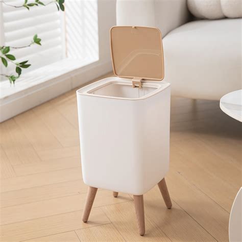 HOKIPO Push Top Trash Can with Lid – Nordic Style Plastic Dustbin with ...