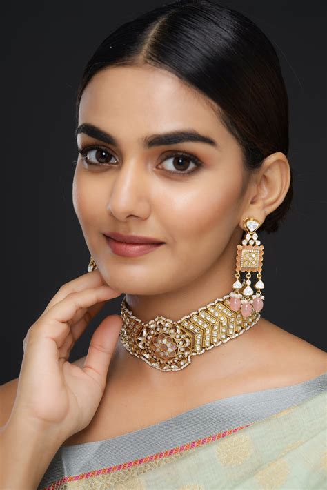 Pink Stone & Polki Choker Set – Label Pankhuri