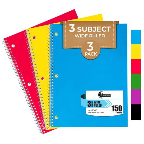 Rosmonde 3 Subject Spiral Notebooks Wide Ruled, 3 Pack, 300 Pages (150 ...