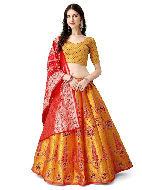 Buy SWAMI STUDIO Womens Banarasi Silk Readymade Lehenga Choli (GOLD ...