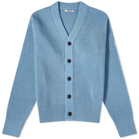 Auralee Men's French Merino Rib Cardigan in Light Blue Auralee