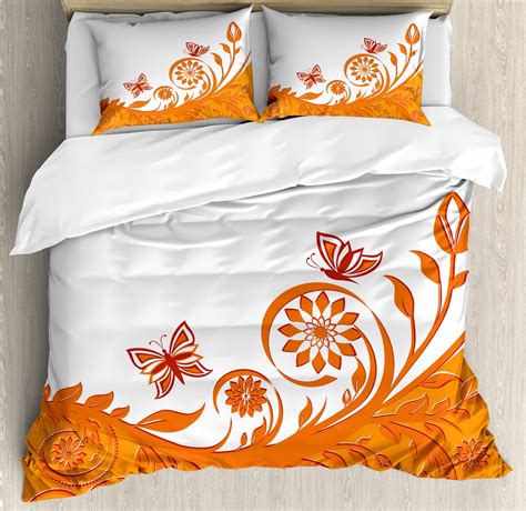 Orange Duvet Cover Set, Artistic Rose Branch Motif with Floral Swirls ...