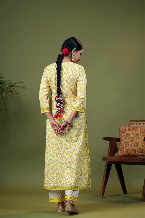 Straight Fit Kurta/Pant Set In White/Yellow Color | Cotras