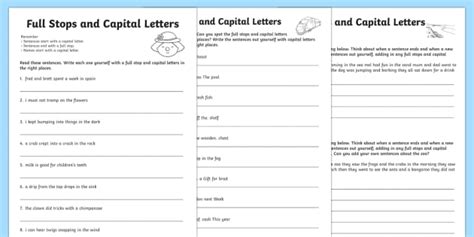 Capital Letters and Full Stops with Phase 4 Words Worksheet / Worksheet