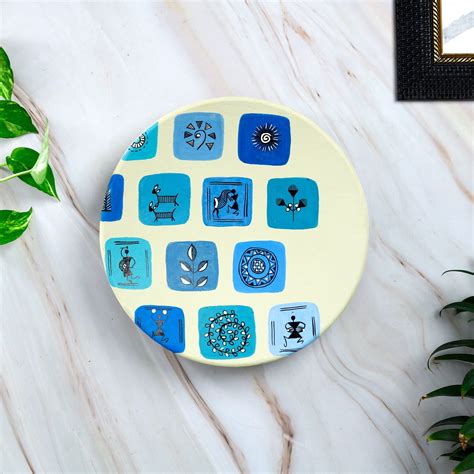 Buy 'Warli Square' Blue Handpainted Terracotta Decorative Wall Plate, 9 ...