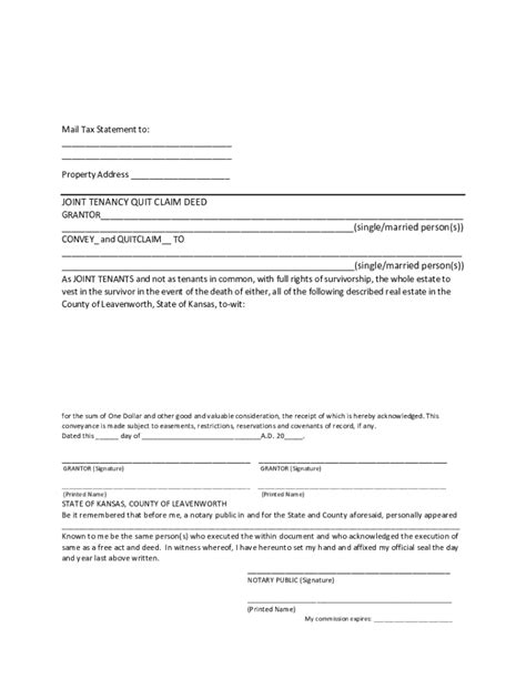 Fillable Online JOINT TENANCY QUIT CLAIM DEED (single/married person(s ...