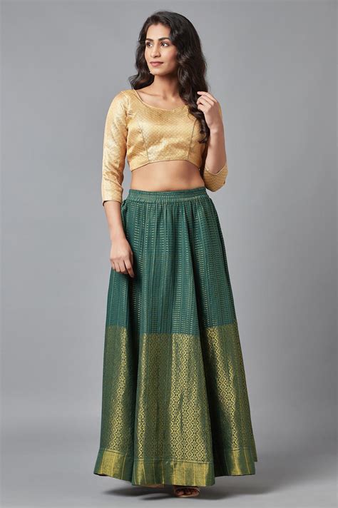 Buy Elleven Women's Green Dobby Printed Flared Silk Skirt With ...