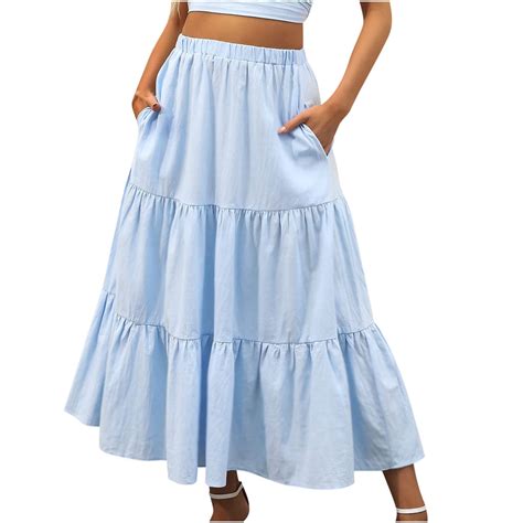 fatyb Womens Summer Boho Skirts Elastic Waist Tiered Ruffled Maxi Skirt ...