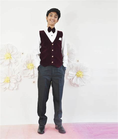 Maroon Velvet Waist Coat with White Shirt and Black Pant for Boys ...