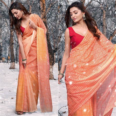 Orange & Yellow Printed Organza Saree