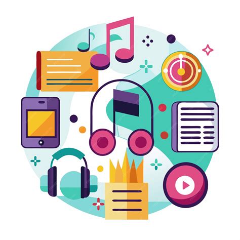 Colorful music play and technology icons in a circle with a blue and ...