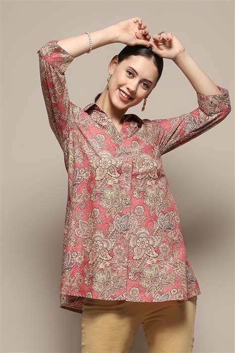 Rust Cotton Floral Printed A-Line Shirt Style Kurti at Biba India