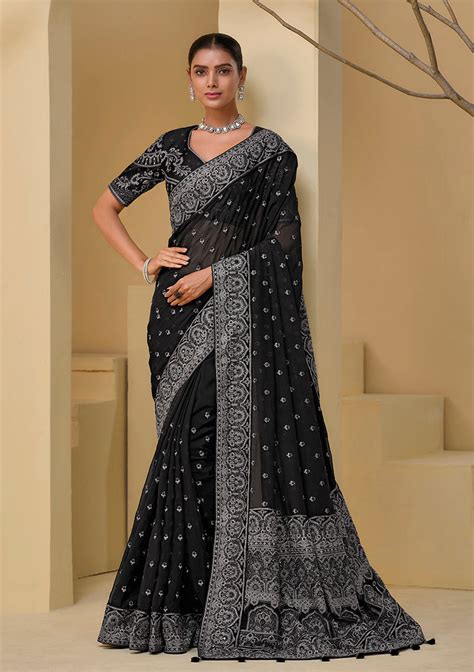 Black Tuscany Soft Organza Silk Sequins Work Classic Saree – Monjolika