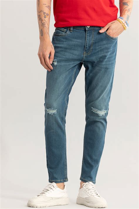 Buy Men's Trendsetter Ash Blue Skinny Fit Distressed Jeans Online | SNITCH