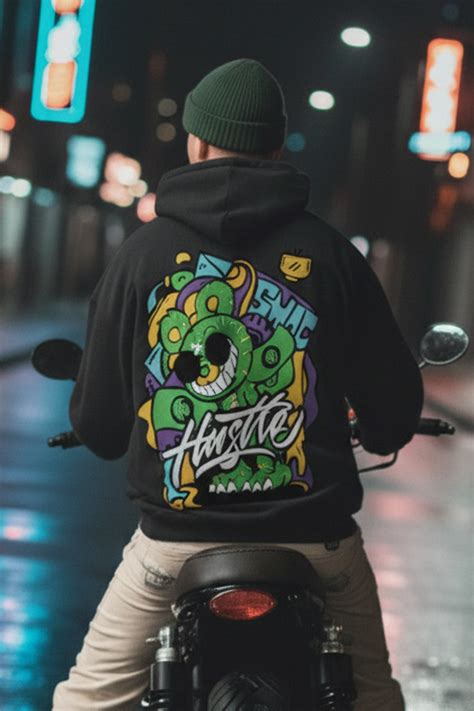 Hustle Black Oversized Back Graphic Printed Hoodie – Veirdo
