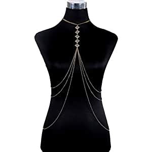 gloryelen Women Crystal Alloy Bikini Crossover Body Belly Harness Body ...