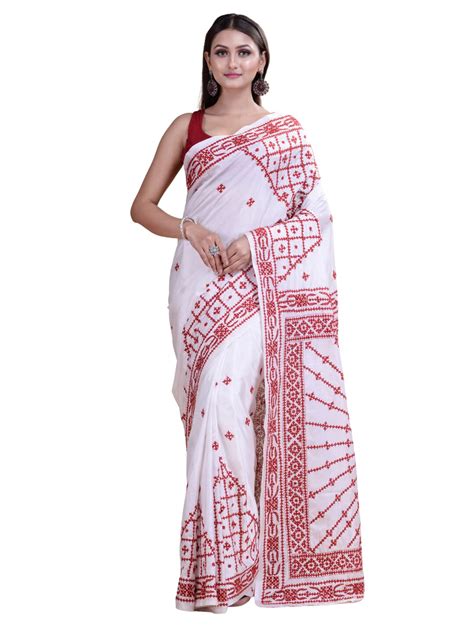 Buy Laa Calcutta White & Red Traditional Gujrati Katha Work saree with ...