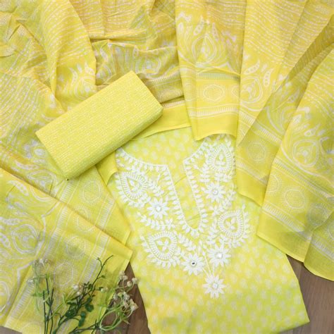 Roopam Corn Yellow Chikankari Inspired Neck Thread Work Printed Cotton ...