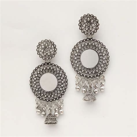 Floral Design Round Mirror Jhumka Ethnic Trendy Silver Oxidised Earrin ...
