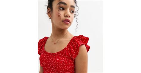 Girls Red Floral Print Frilly Trim Shirred Top | New Look