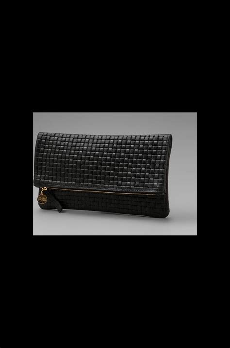 Clare V. Foldover Deluxe Clutch in Black Basket Weave | REVOLVE