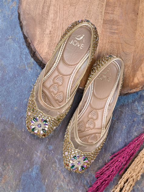 Women Gold Ethnic Embellished Mojaris – ShoeTree