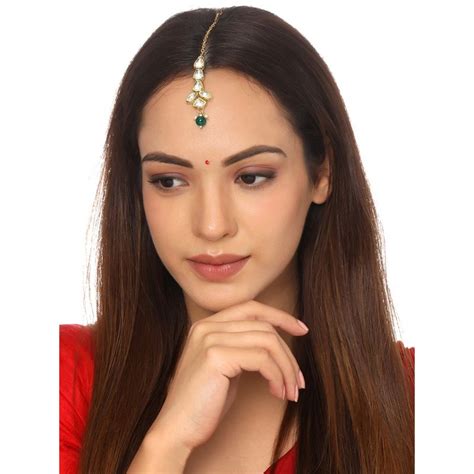 Buy Yellow Chimes Gold-Plated Green Kundan-Studded and Beaded Maang ...