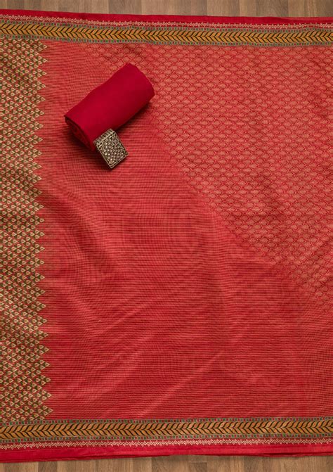 Buy Rust Printed Chanderi Unstitched Salwar Suit - Koskii