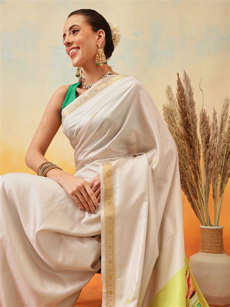 Onam Special Printed Silk Ready To Wear Kasavu White Saree – Silk Land