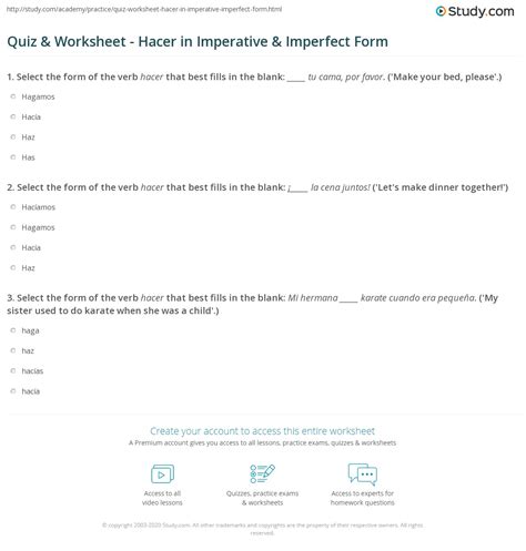 Quiz & Worksheet - Hacer in Imperative & Imperfect Form | Study.com