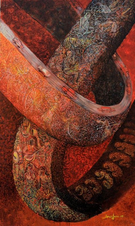 "Kolkata 1": Orange Red Acrylic Painting by Arun Jana – ArtZolo.com