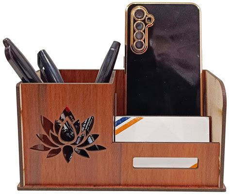 SES 3 Compartments Lotus Wooden Pen Stand With Visiting Card & Mobile ...