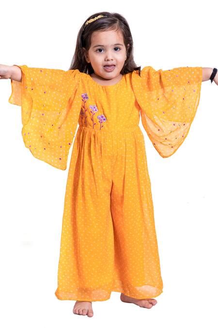 Buy Yellow Chiffon, Cotton Embroidery Flared Sleeve Printed Jumpsuit ...