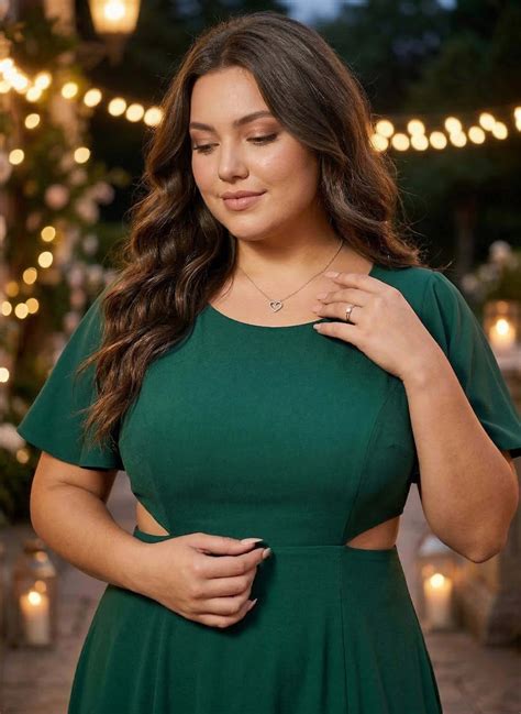 Women Plus Size Solid Green Round Neck Flutter Sleeve Back Cutout Thigh ...