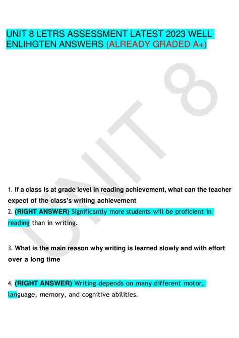 UNIT 8 LETRS ASSESSMENT LATEST 2023 WELL ENLIHGTEN ANSWERS (ALREADY ...